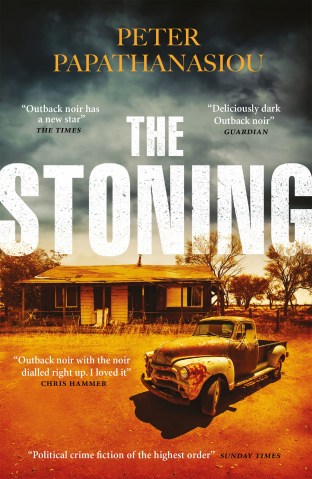 The Stoning Cover image, old vintage car in desert landscape by a hut, stormy clouds